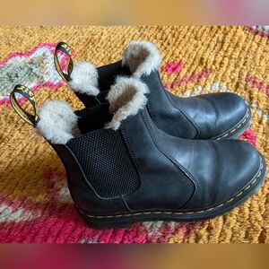 Dr. Martens Black Leather Pull On Chelsea Boots with Cream Shearling